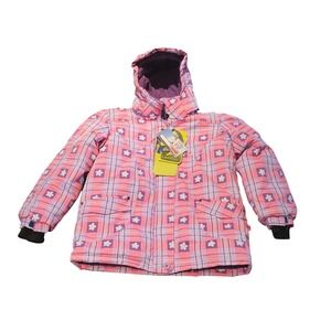 Conifere Girls Pink Plaid Flower Winter Ski Jacket Size 12 Hooded‎ Insulated